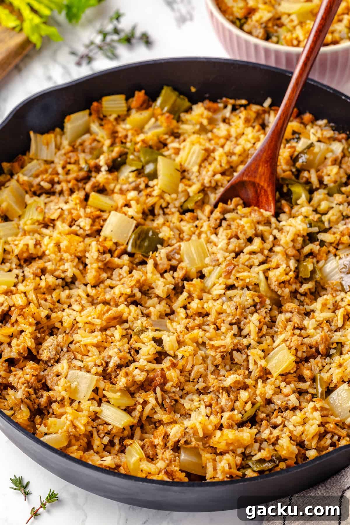 Skillet of vegan dirty rice