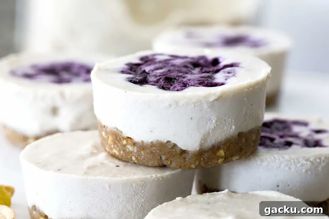 A close-up of a no-bake vegan cheesecake with blueberry sauce on top.