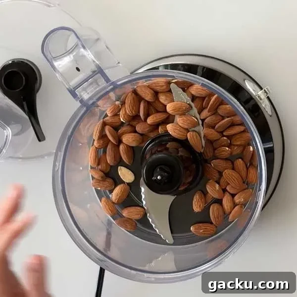 Almonds in a food processor about to be chopped.