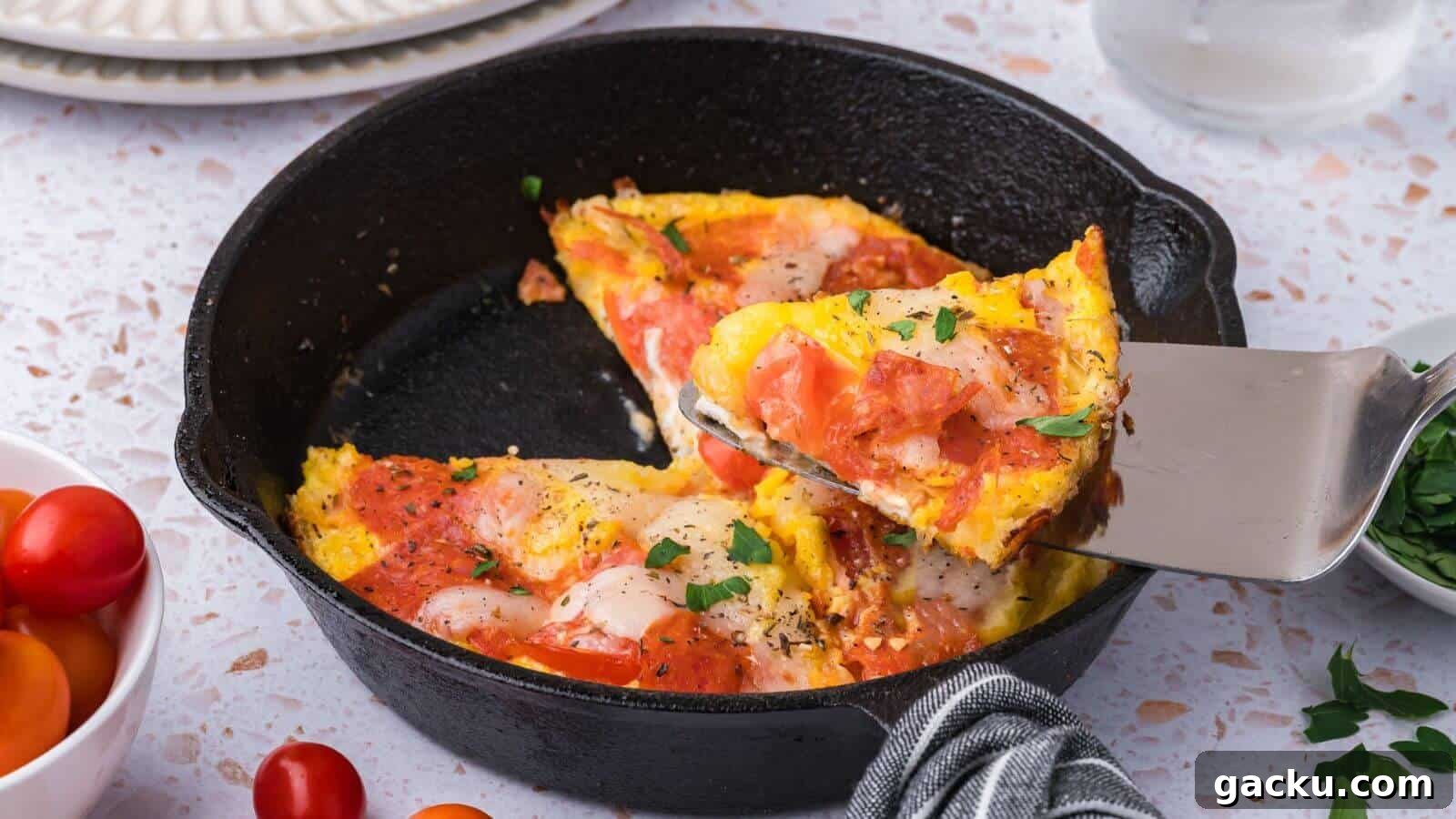 30 One-Pan Skillet Meals for Quick Cleanup and Big Flavor 21 A slice of egg pizza is being lifted from a cast iron skillet, topped with pepperoni, cheese, and herbs. Nearby are cherry tomatoes and parsley.
