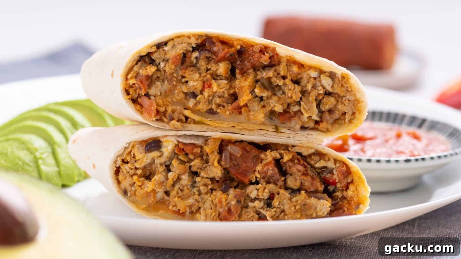 30 One-Pan Skillet Meals for Quick Cleanup and Big Flavor 4 A close-up image of a sliced breakfast burrito filled with seasoned meat and eggs served on a white plate with avocado slices and dipping sauce in the background.