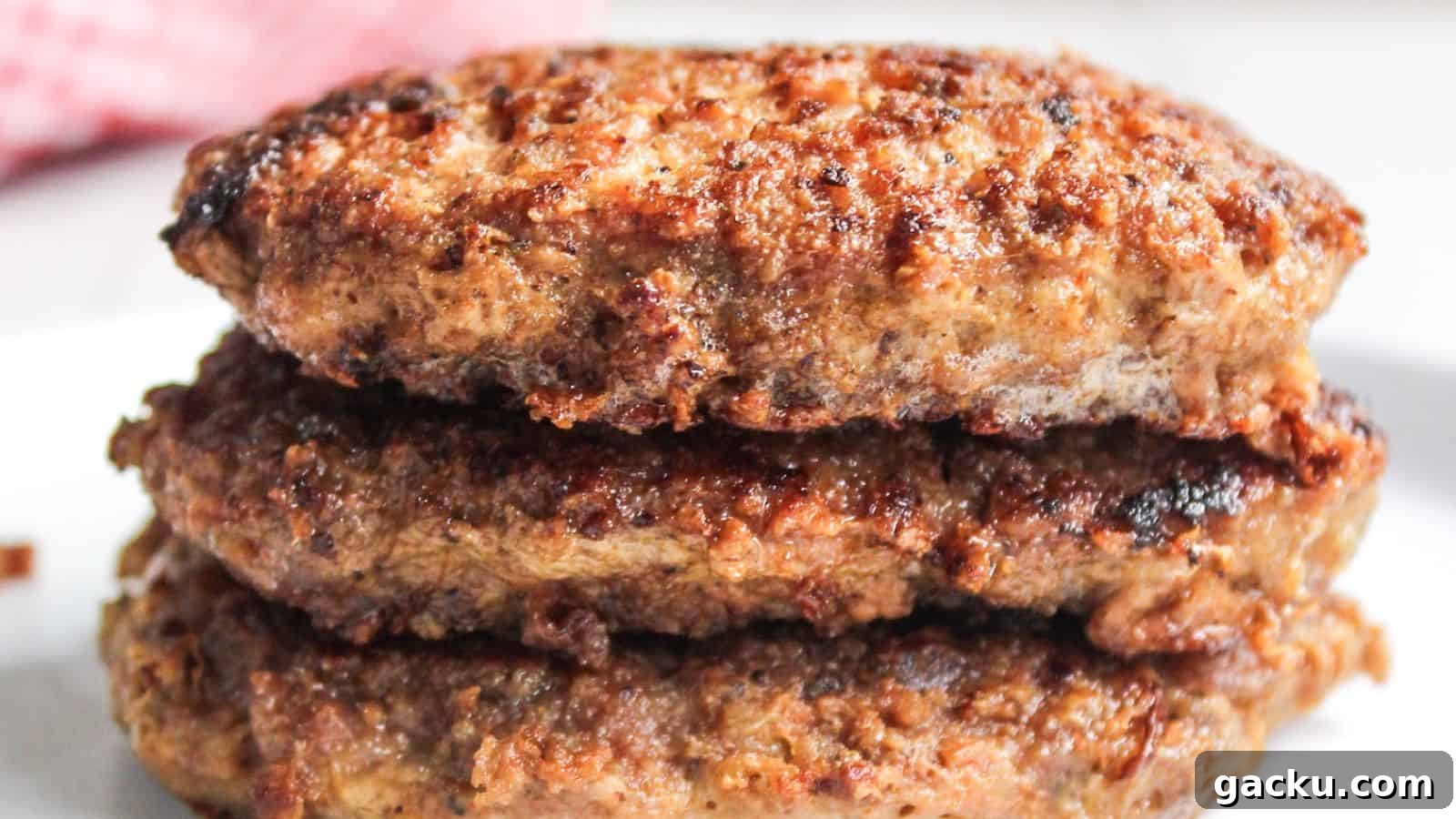 30 One-Pan Skillet Meals for Quick Cleanup and Big Flavor 8 Close-up of grilled pork burger patties stacked on a white plate.