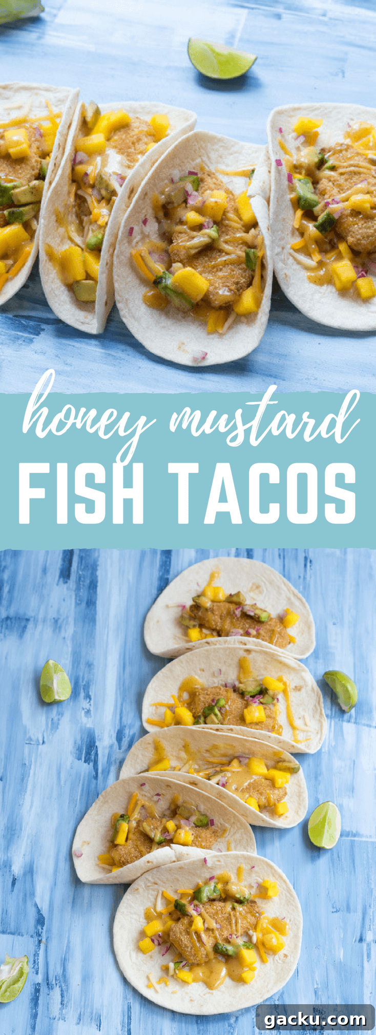 Honey Mustard Fish Tacos with Crispy Slaw and Lime crema 9 Honey Mustard Fish Tacos made with wild caught pollock tenders, onion, mango, avocado, and cheese nestled in a tortilla and drizzled with honey mustard! A tasty dinner on the table in less than 20 minutes.
