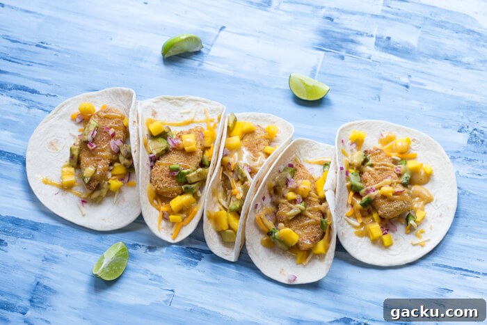 Honey Mustard Fish Tacos with Crispy Slaw and Lime crema 6 Honey Mustard Fish Tacos made with wild caught pollock tenders, onion, mango, avocado, and cheese nestled in a tortilla and drizzled with honey mustard! A tasty dinner on the table in less than 20 minutes.
