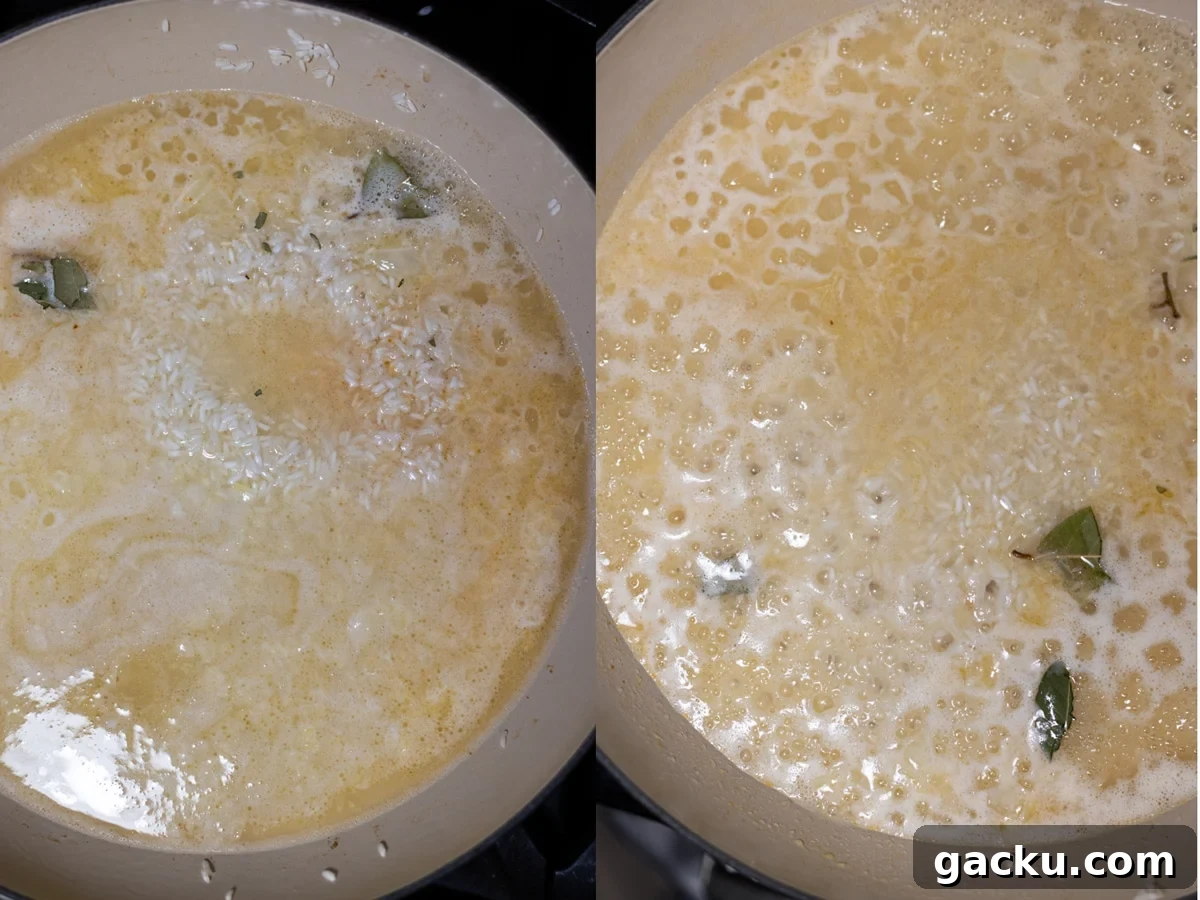 Simple Rice Pilaf Recipe: Fluffy, Flavorful Rice Pilaf in 30 Minutes 7 Skillet with boiling rice, chicken broth, and seasonings.