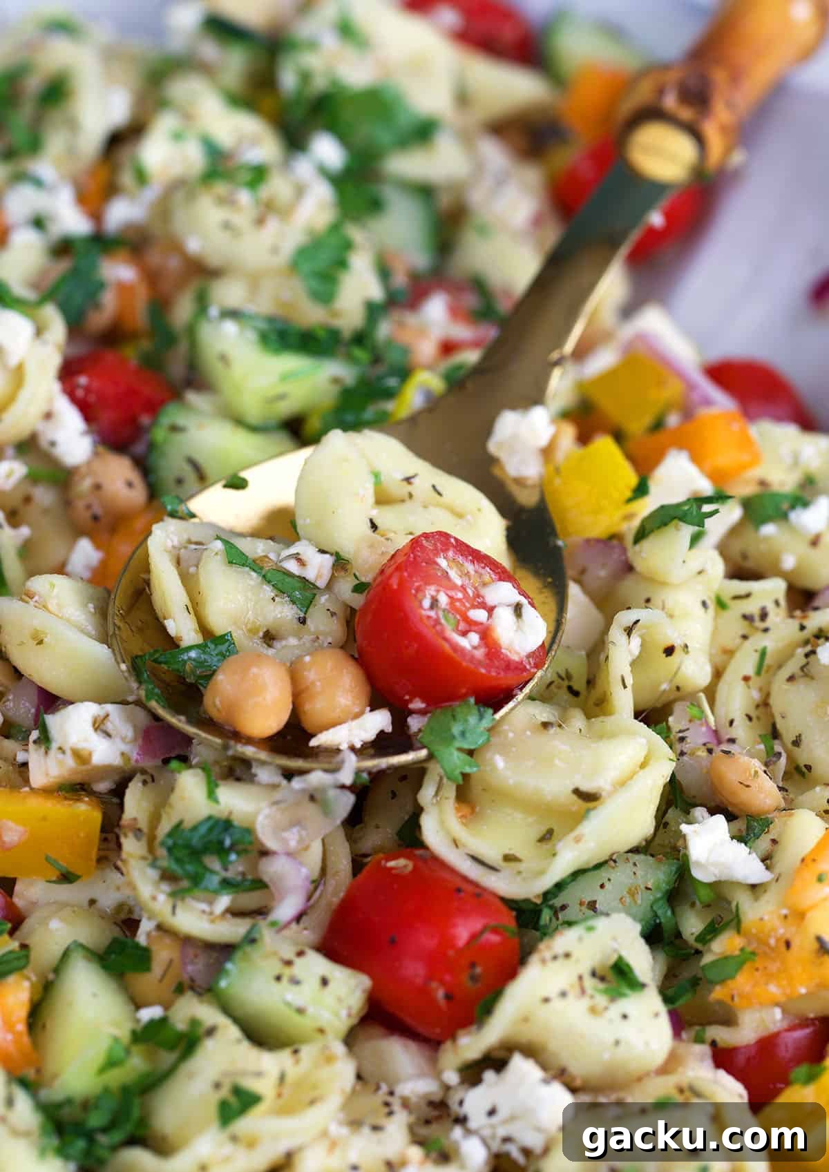 Greek Tortellini Salad with Feta, Olives & Lemon Dressing 7 Greek tortellini salad on a serving spoon.