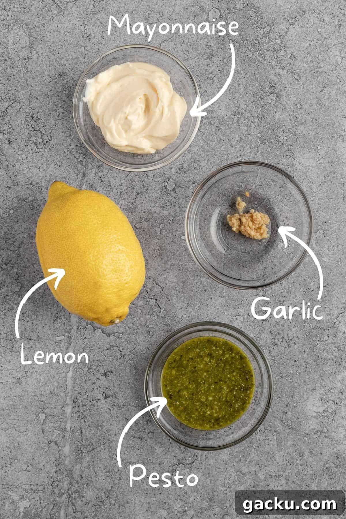 Creamy Pesto Aioli Recipe for Sandwiches & Dips 3 Ingredients needed to make the pesto aioli.