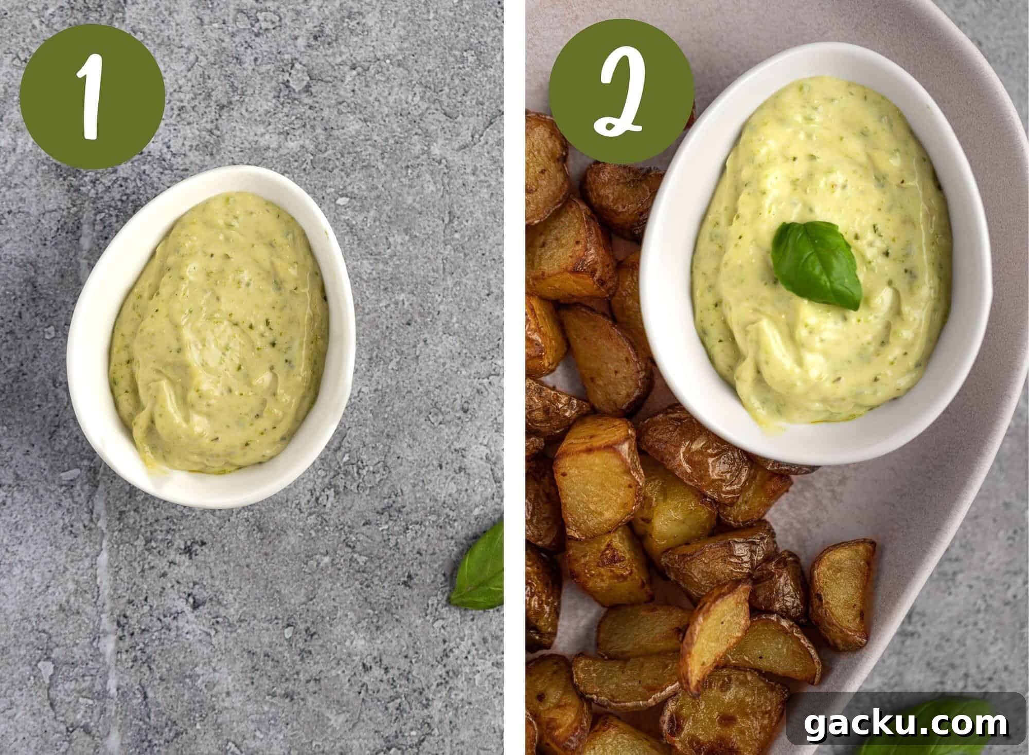 Creamy Pesto Aioli Recipe for Sandwiches & Dips 4 A collage of process photos illustrating steps 1 and 2.
