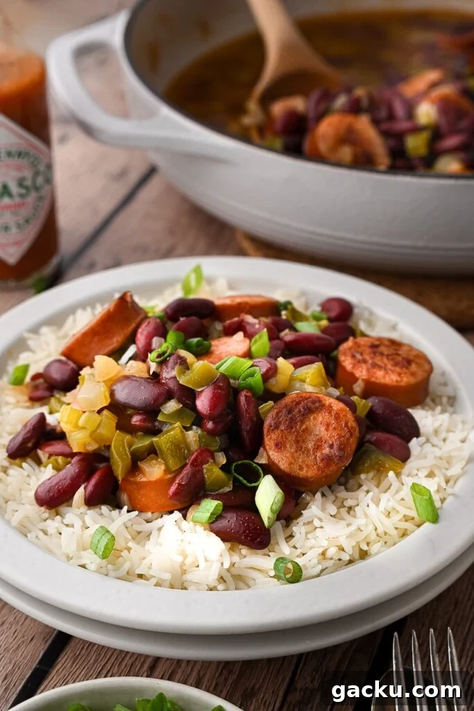 A spoonful of red beans and rice ready to serve.