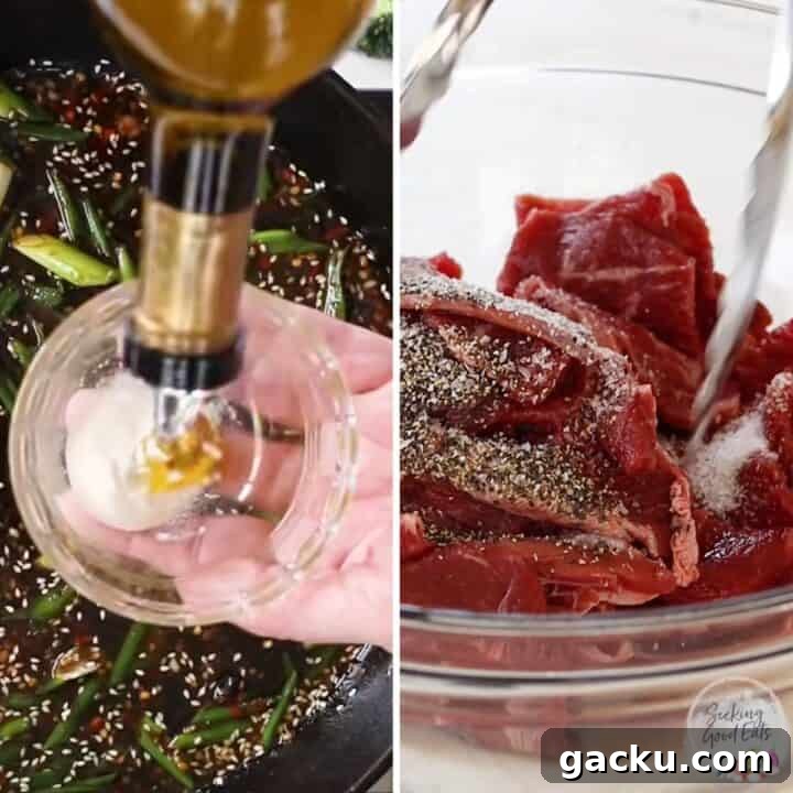 Prepping the beef and broccoli stir fry recipe by seasoning the beef in a glass bowl and mixing thickener.