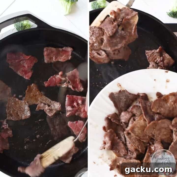 Cooking the beef slices in a cast iron skillet.