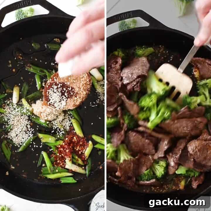 Adding the sauce ingredients and the beef and broccoli back to the skillet.