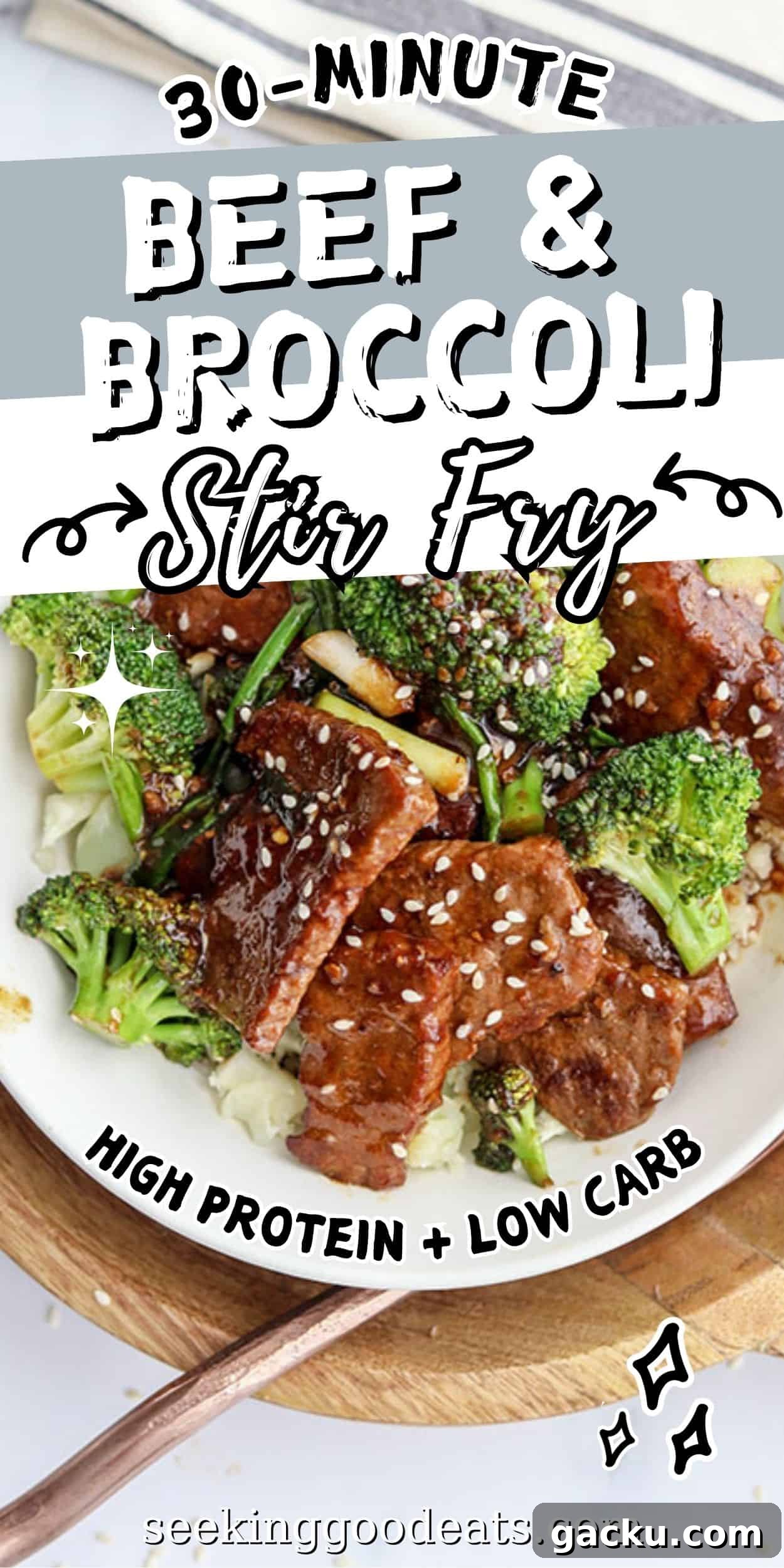 Pinterest pin with a white bowl of beef and broccoli over riced cauliflower.