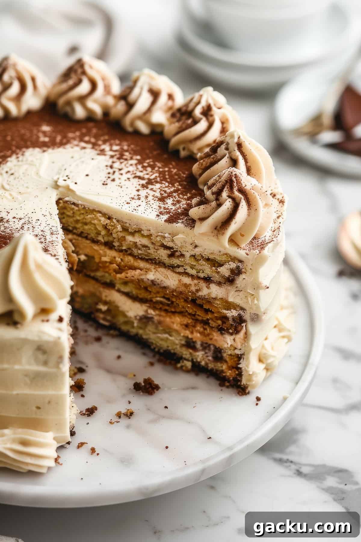 Classic Tiramisu Cake with Silky Mascarpone Frosting 2 Tiramisu layer cake with frosting and cocoa powder.