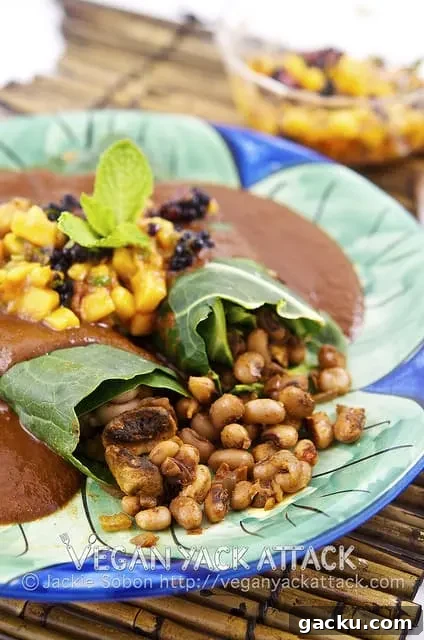 Black-Eyed Pea Collard Enchiladas with Mole Sauce