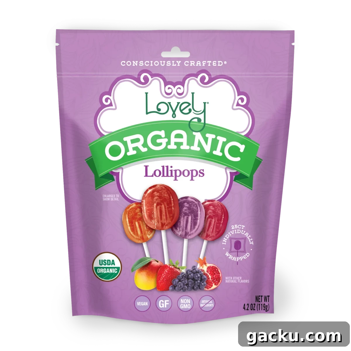A light purple bag of The Lovely Company's Organic Lollipops is displayed, featuring four lollipops and various fruits on the front.