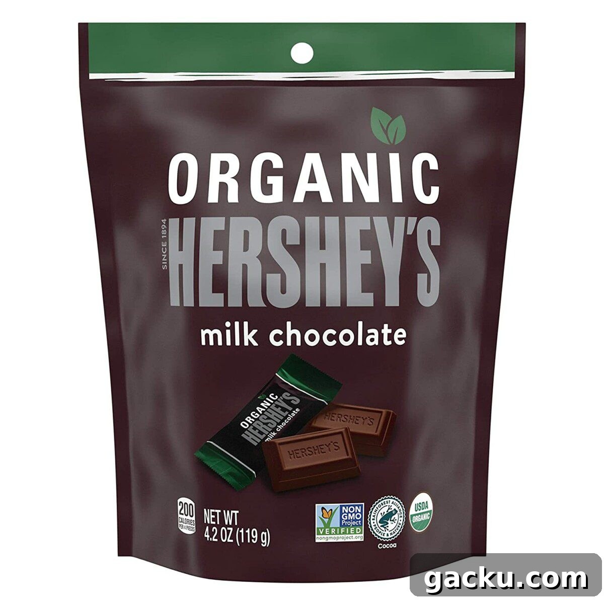 A dark brown pouch of Organic Hershey's Milk Chocolate is shown, with a small wrapped piece and a couple of unwrapped mini bars on the front.