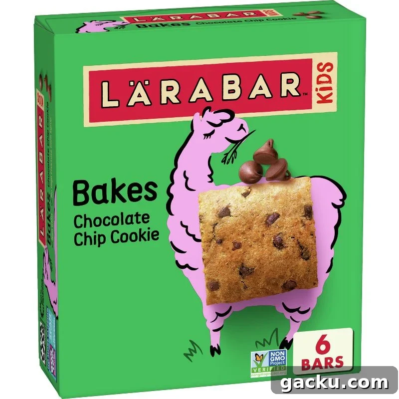 A light green box of LÄRABAR Kids Bakes Chocolate Chip Cookie bars is shown with a pink llama illustration holding a chocolate chip cookie square.