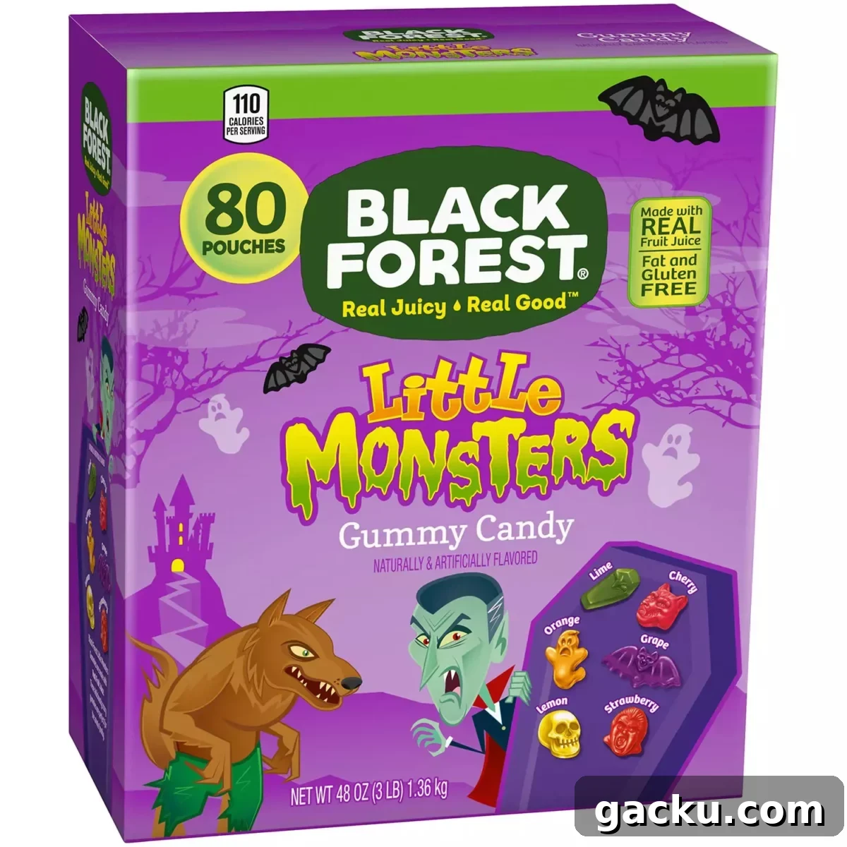 A large purple and green box of Black Forest Little Monsters Gummy Candy is shown, featuring cartoon illustrations of a werewolf, a vampire, bats, and ghosts.