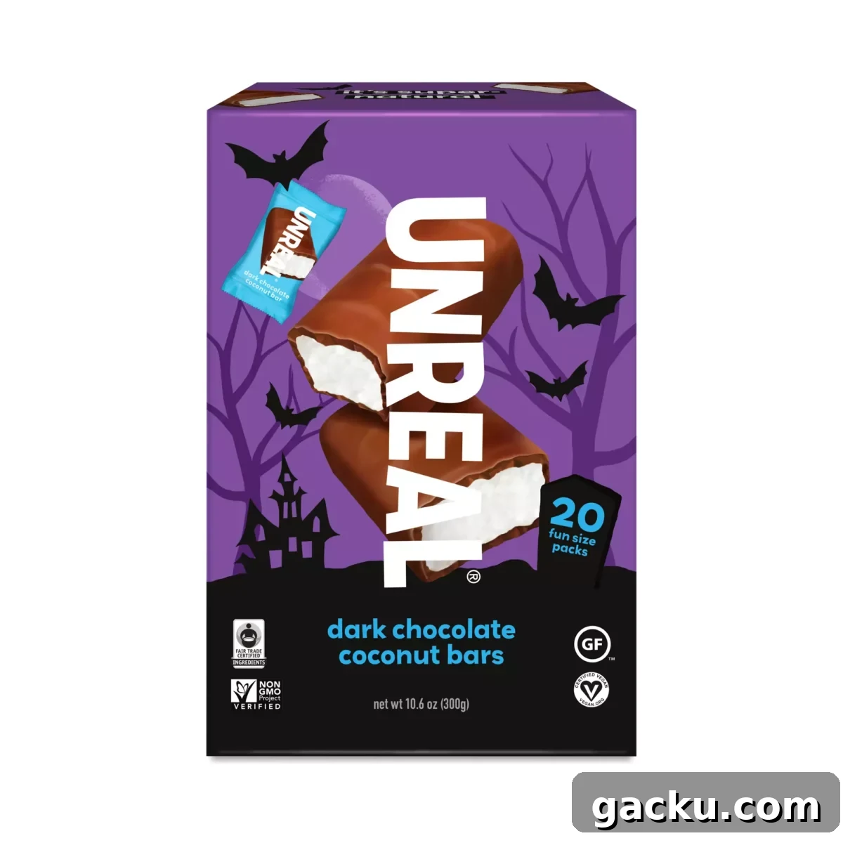 A rectangular purple box of Unreal brand dark chocolate coconut bars is shown from a slight angle, with illustrations of bats, a haunted house, and trees on the front.