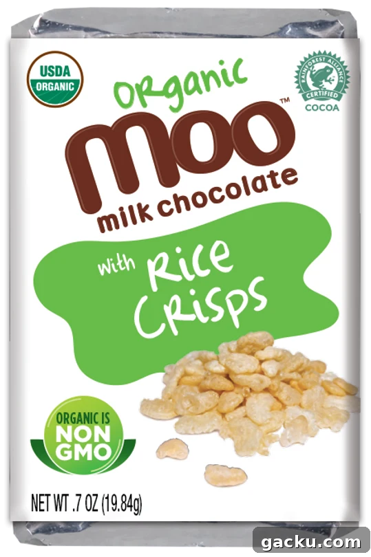 A white and green foil wrapper of organic milk chocolate from Moo Chocolate with rice crisps is shown from the front.