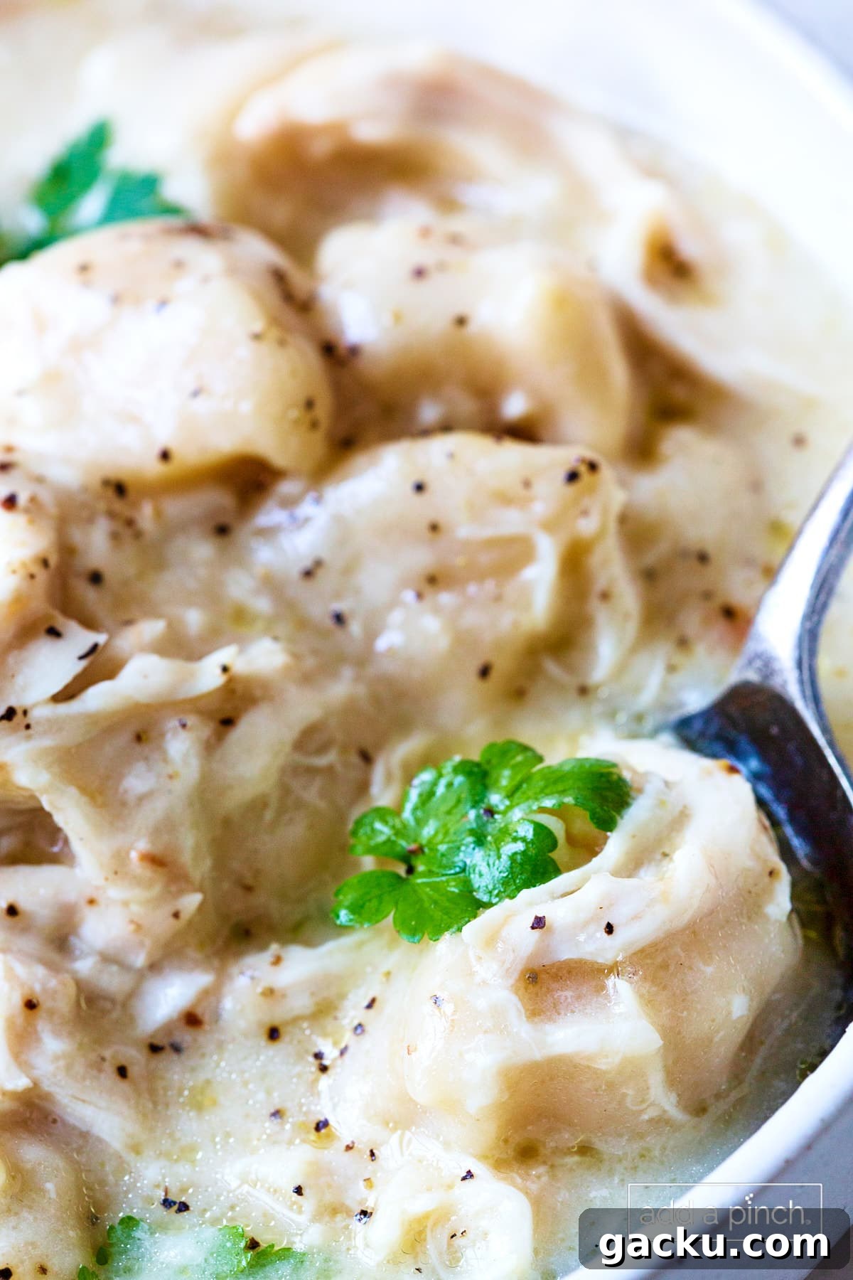 White soup bowl filled with crock pot chicken and dumplings with a bite on a spoon.