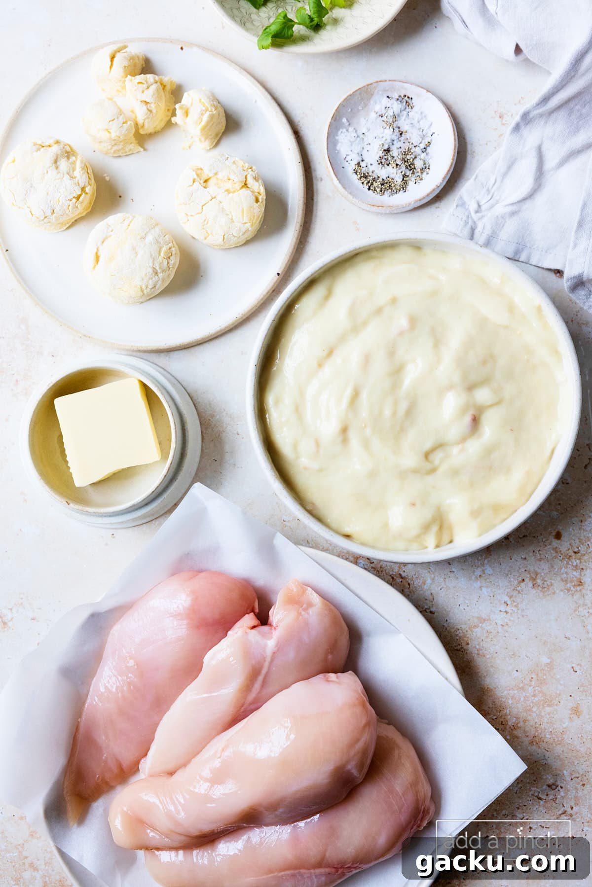 Ingredients used to make slow cooker chicken and dumplings recipe.
