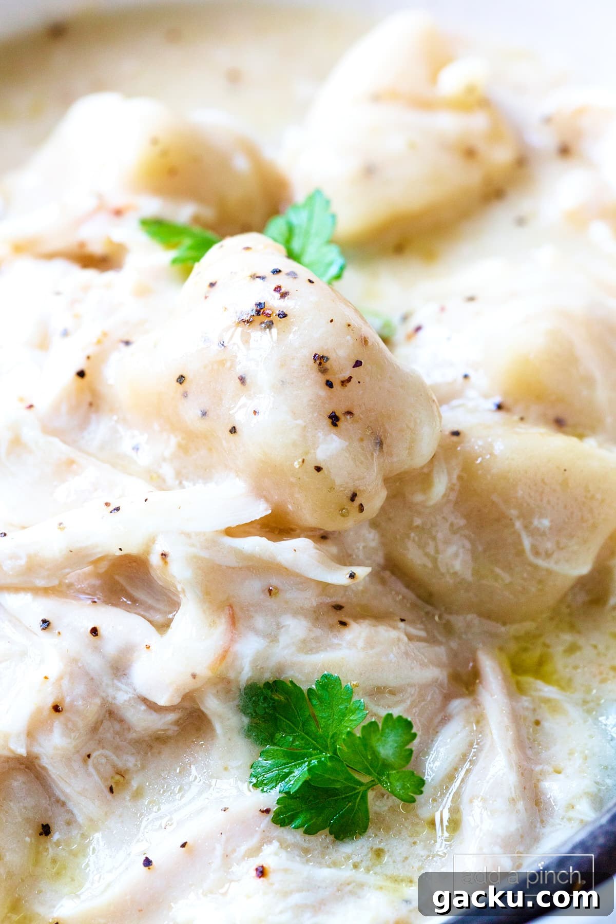 Bowl of crock pot chicken and dumplings with a spoon.