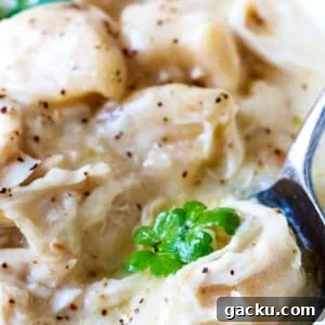 White soup bowl filled with crock pot chicken and dumplings with a bite on a spoon.