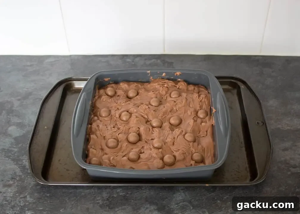 Maltesers fudge in a silicone pan with Maltesers pressed on top.