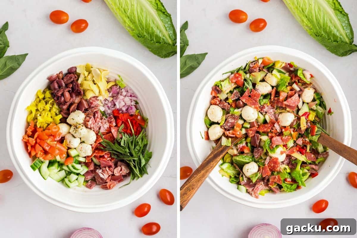 Side-by-side image of a white bowl with neatly arranged antipasto salad ingredients on the left, and the fully mixed salad with mozzarella balls and wooden serving utensils on the right.