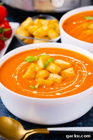 A bowl of very creamy, homemade Instant Pot tomato bisque.