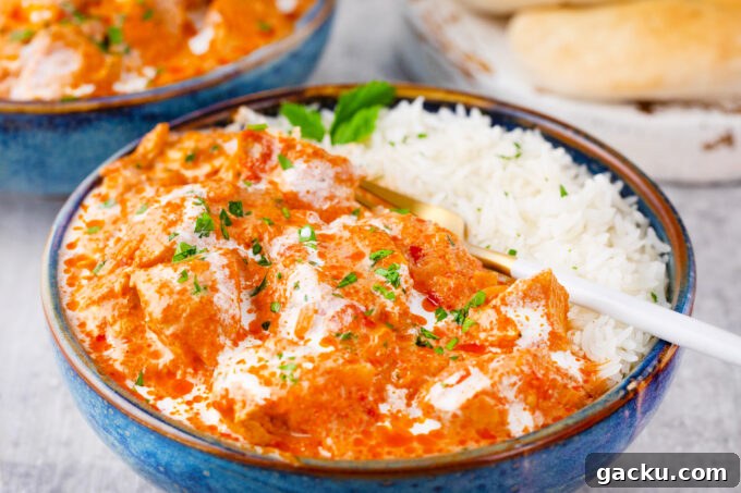 Instant Pot Chicken Tikka Masala with Fragrant Basmati Rice 3 A bowl of creamy and buttery Instant Pot chicken tikka masala.