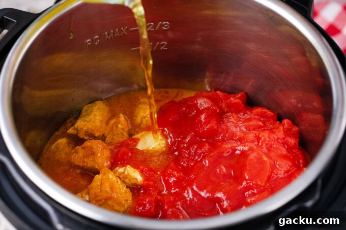 Instant Pot Chicken Tikka Masala with Fragrant Basmati Rice 8 Adding chicken tikka masala ingredients to the instant pot.