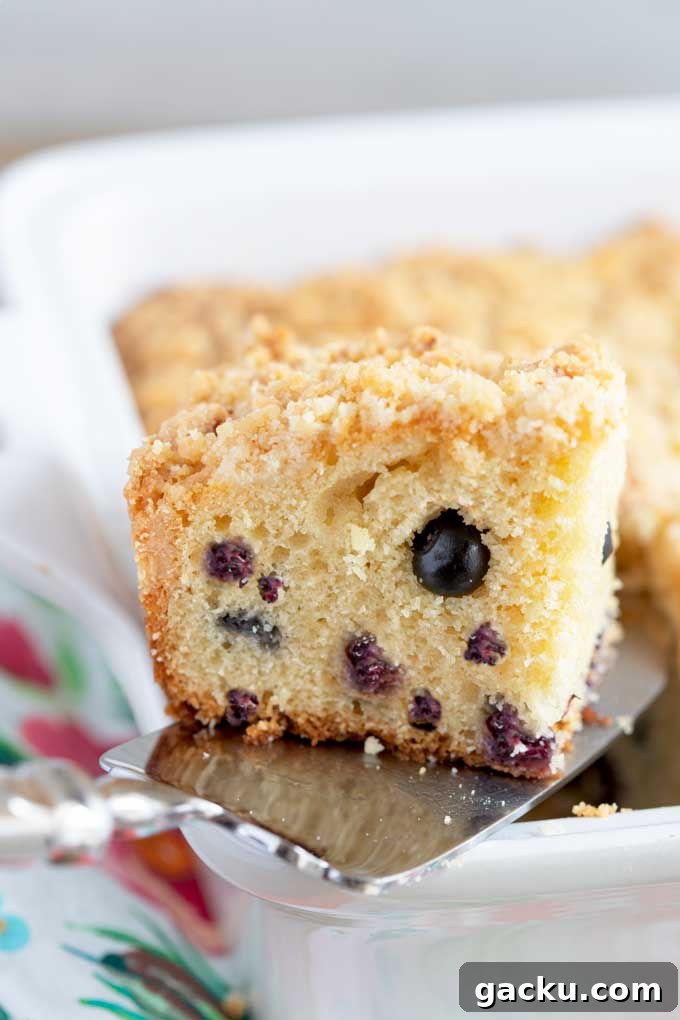 A piece of coffee cake getting lift with a cake server from a baking dish.