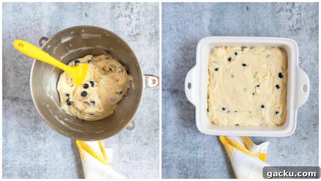 Step by step: batter with blueberries poured into a baking dish.