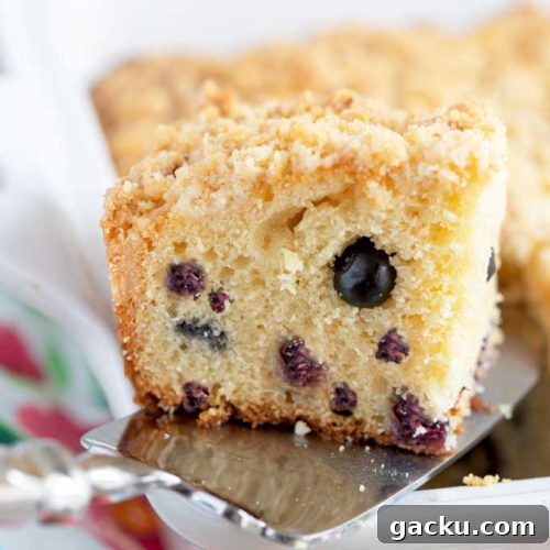 A piece of coffee cake getting lift with a cake server from a baking dish.