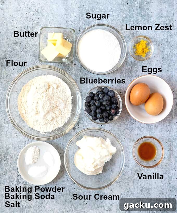 Bowls filled with ingredients to make this blueberry buckle recipe