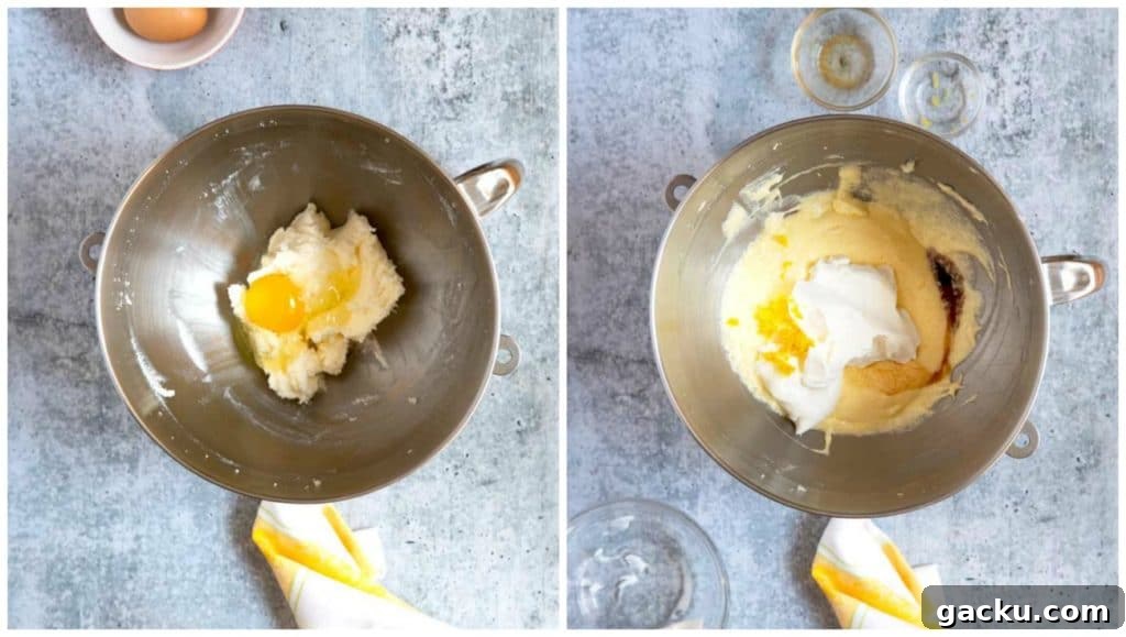 Step by step: adding ingredients to the creamed butter and sugar.