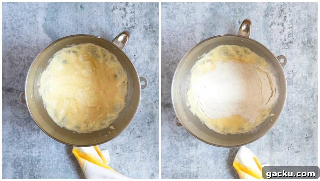 Step by step: flour added to cake batter.