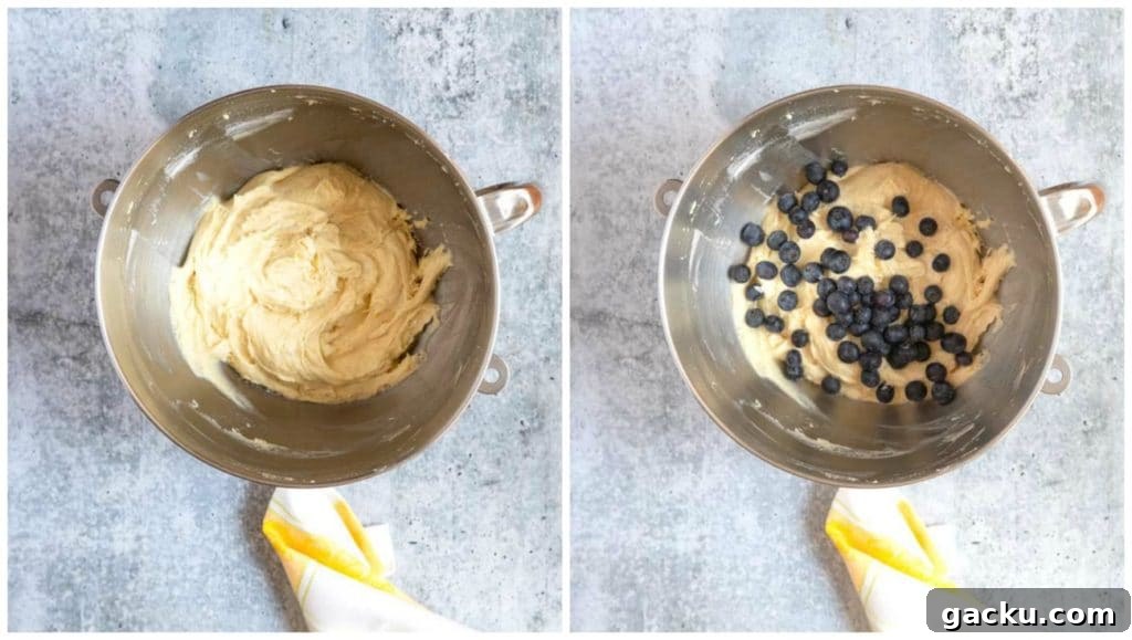 Step by step: folding fresh blueberries into the batter.