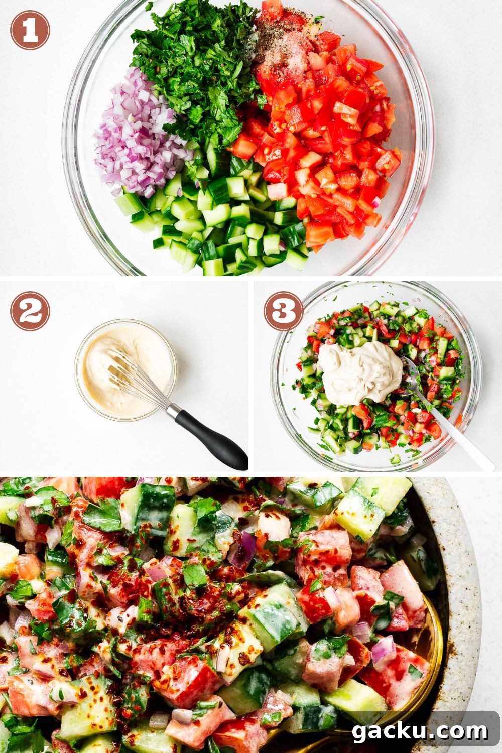 How to make tahini salad in three easy steps: prepare ingredients, make the tahini sauce and assemble the salad.
