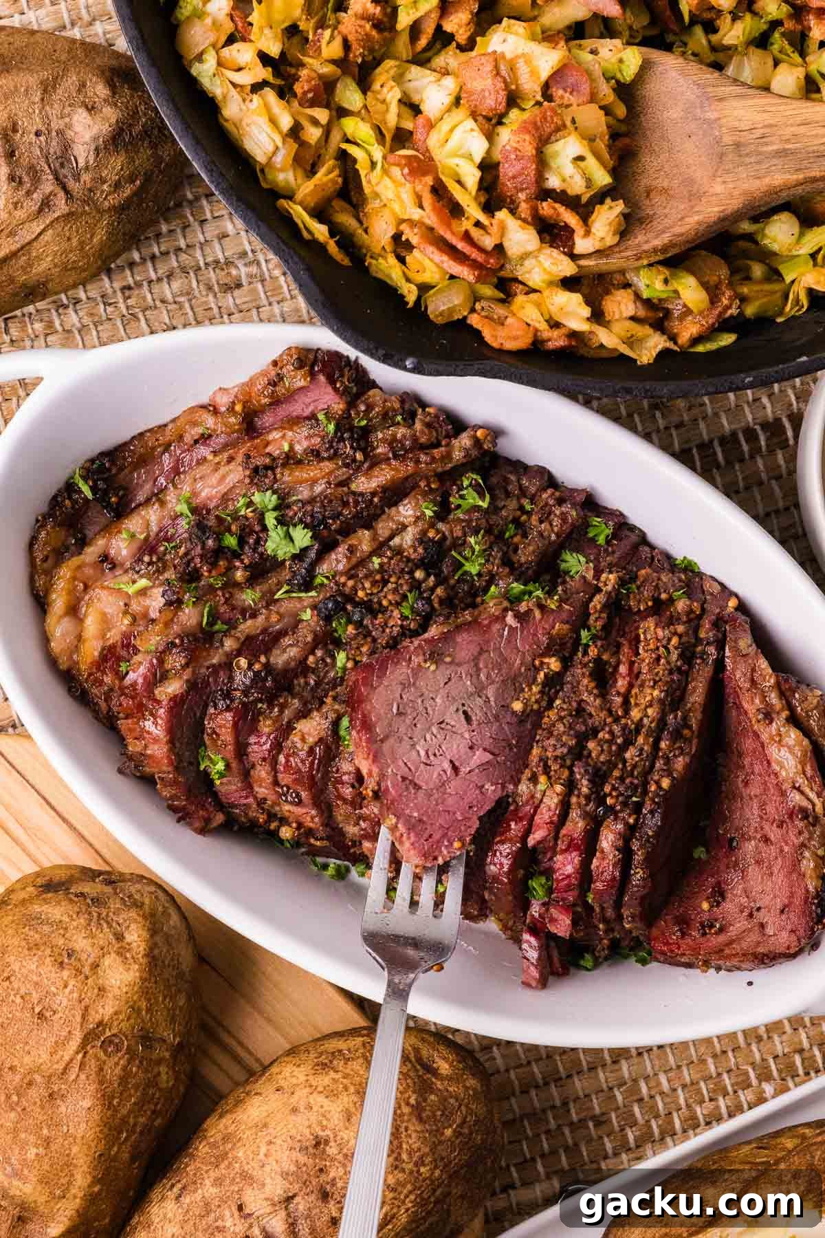 Sliced corned beef on a white platter with a fork, surrounded by baked potatoes and a skillet of cooked cabbage.