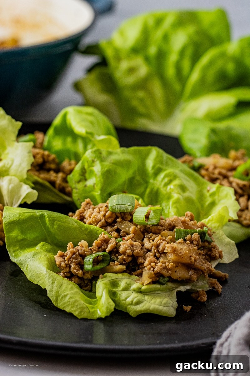 ground chicken lettuce wraps on a black plate