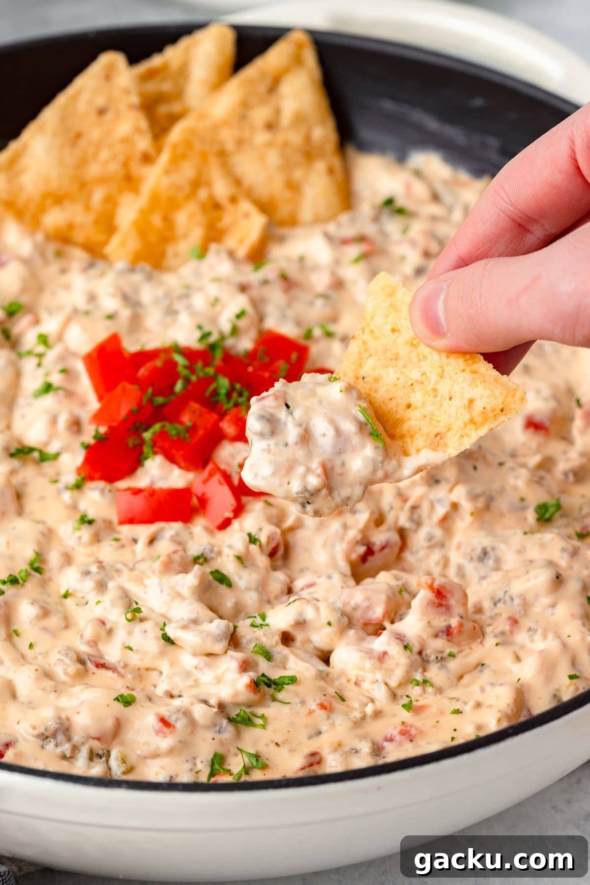 A person dips a tortilla chip into a creamy, chunky dip garnished with chopped tomatoes and herbs. The dip, served in a black bowl, features a light, speckled texture with visible bits of red and green. Several chips are placed on top.
