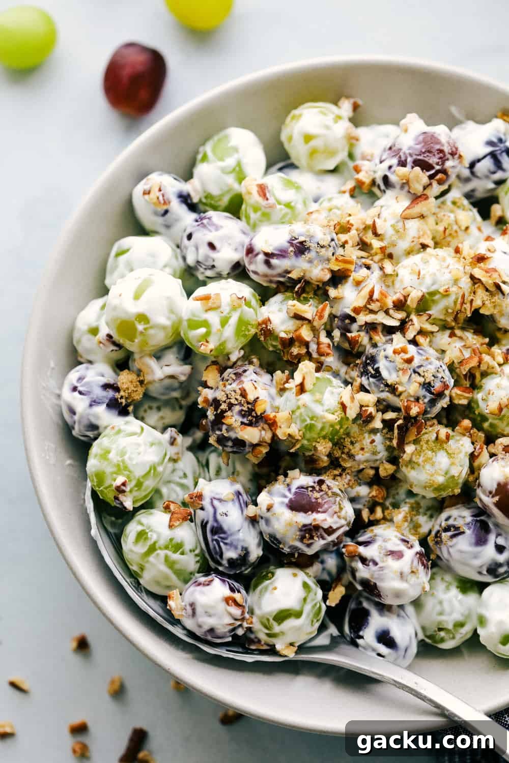Creamy grape salad in a bowl.