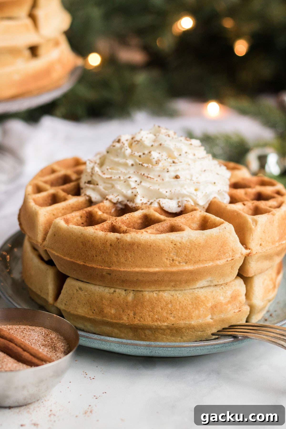 Two waffles on a plate with whipped cream on top. Holiday Lights are in the background.