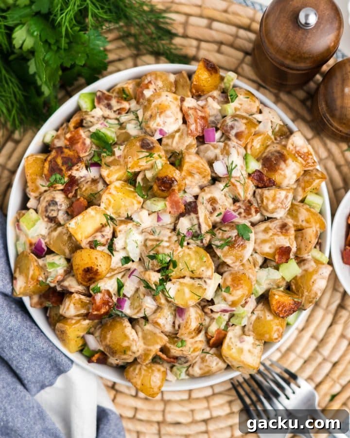 Overhead image or potato salad in a bowl.