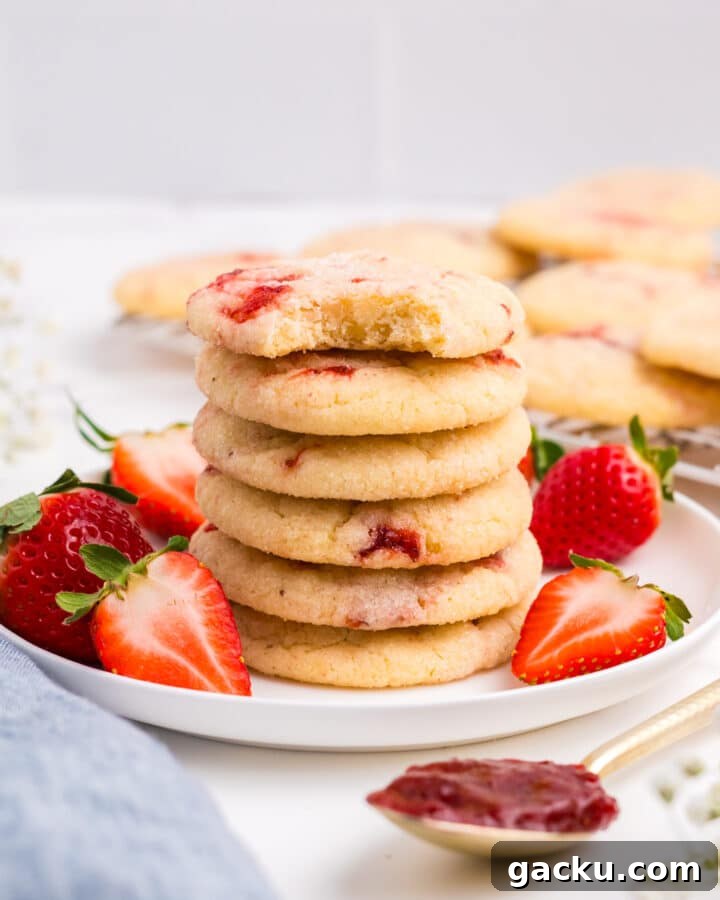 A stack of strawberry sugar cookies on a plate.