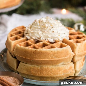 Two waffles on a plate with whipped cream on top. Holiday Lights are in the background.
